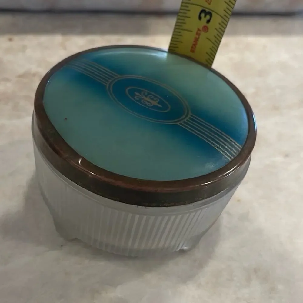 Vintage 50’s Powder jar teal lid brass trim